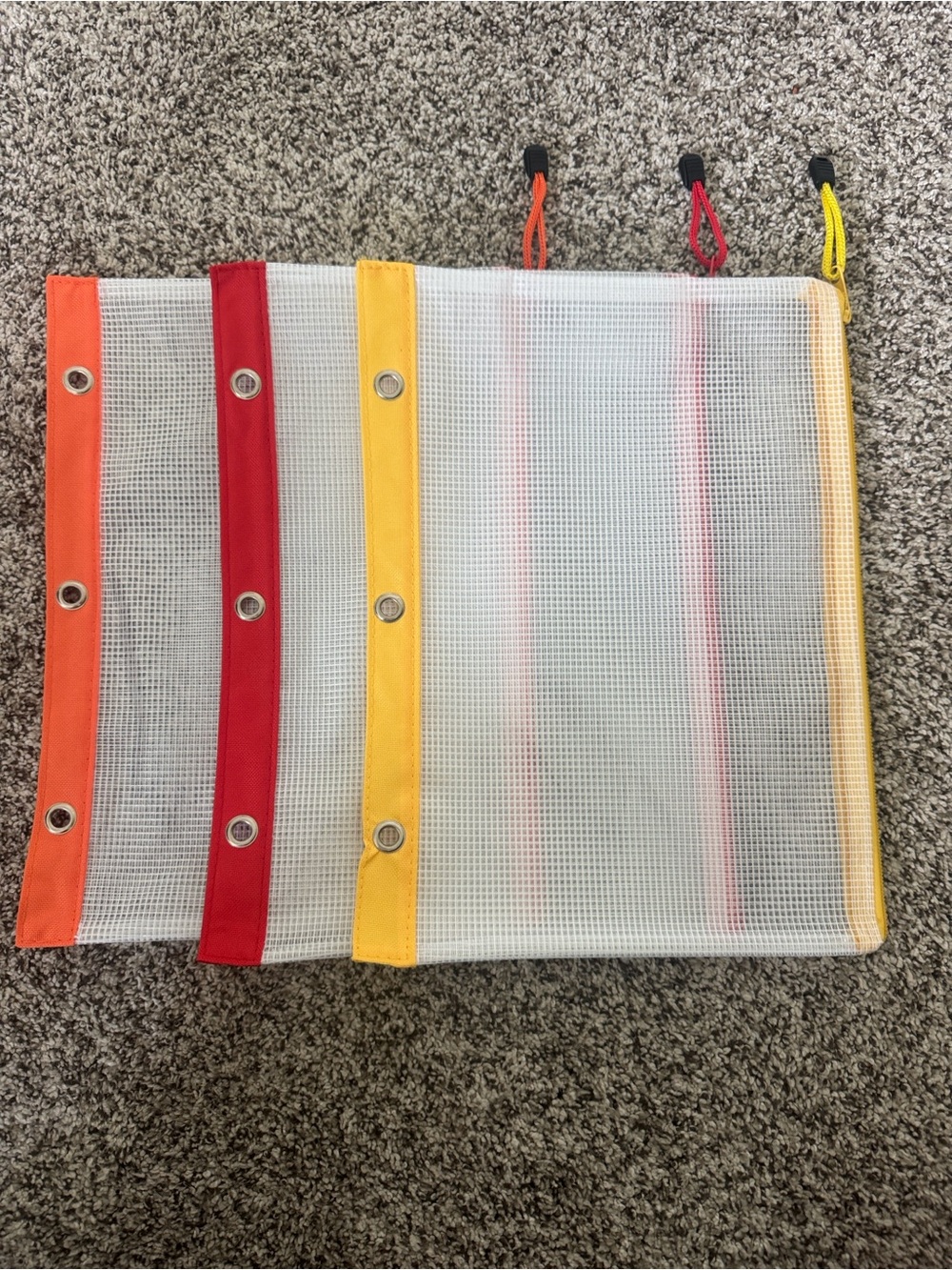 3 Pack Mesh Zipper Pouches in Orange, Red, and Yellow